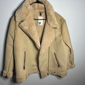 H& M Faux Fur & Suede Moto Jacket Cream/Tan  XL/Size 16